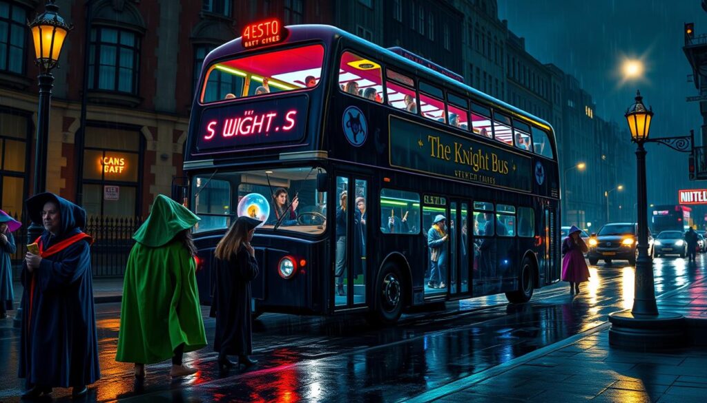 The Knight Bus providing emergency transport for stranded witches and wizards